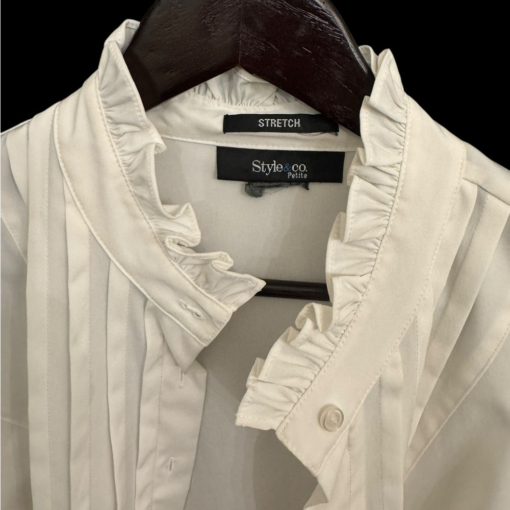 Style & Co Tuxedo Style White Ruffled Blouse - Picture 5 of 5